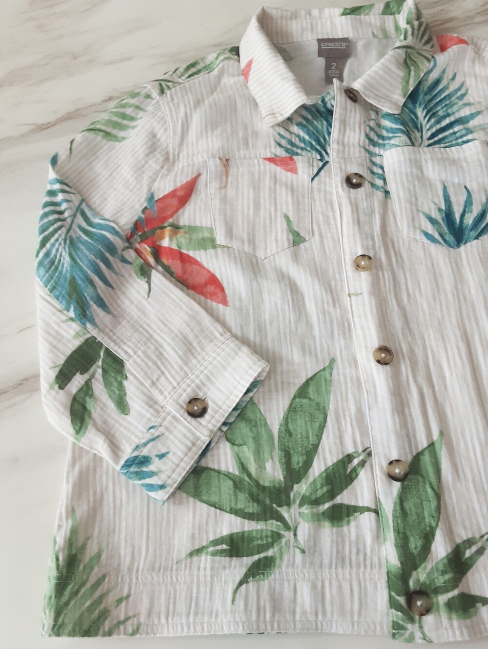 CHICO'S 100% Cotton Tropical Print Striped Button-Down 3 Qtr Sleeve Shirt Sz 2 - Picture 5 of 7